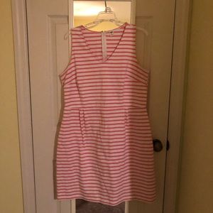 Pink and white stripe sheath dress.